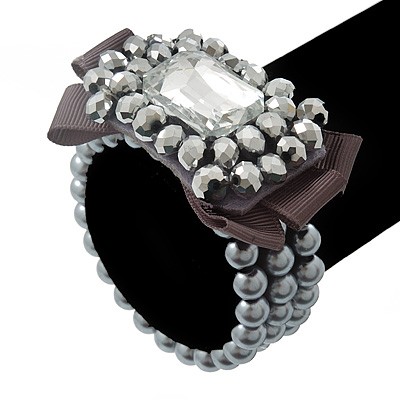 3-Strand Grey Glass Bead With Fabric Bow Stretch Bracelet - 18cm Length