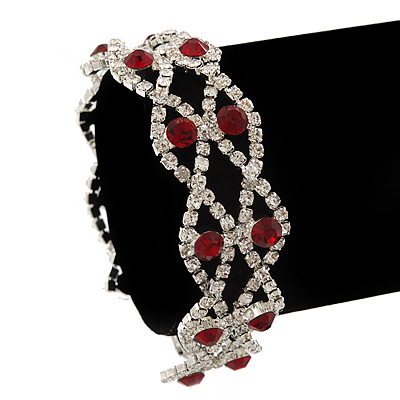 Two Row Red/ Clear Swarovski Crystal Bracelet In Rhodium Plating - 17cm Length (7cm extension) - main view