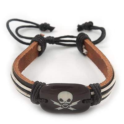 Unisex Dark Brown Leather 'Skull' Friendship Bracelet - Adjustable - main view