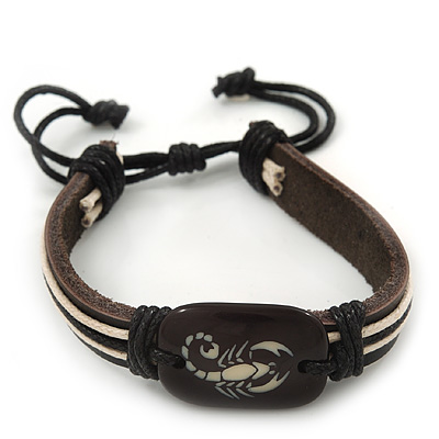Unisex Dark Brown Leather 'Scorpio' Friendship Bracelet - Adjustable - main view