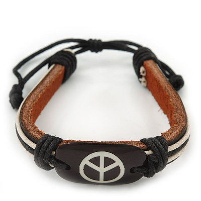 Unisex Dark Brown Leather 'Peace' Friendship Bracelet - Adjustable