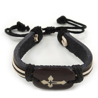Unisex Dark Brown Leather 'Cross' Friendship Bracelet - Adjustable - main view