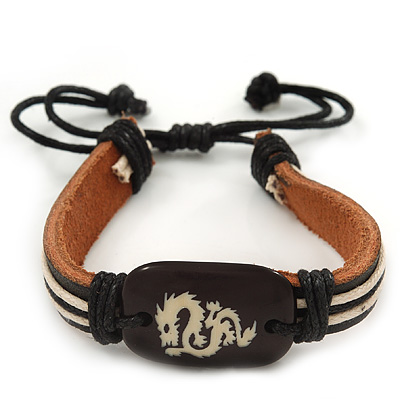 Unisex Dark Brown Leather 'Dragon' Friendship Bracelet - Adjustable - main view