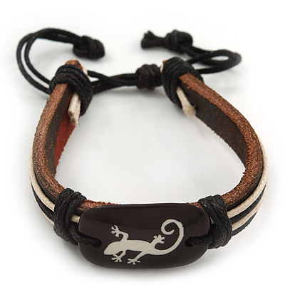 Unisex Dark Brown Leather 'Lizard' Friendship Bracelet - Adjustable - main view