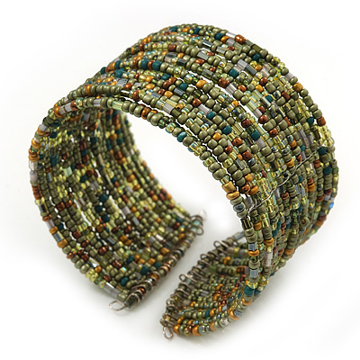 Boho Green/Brown/Gold Glass Bead Cuff Bracelet - Adjustable (To All Sizes) - main view