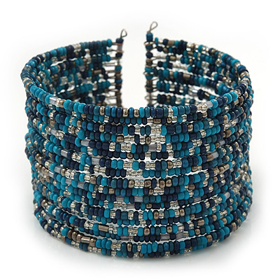 Boho Pastel Blue/Metallic/Night Blue Glass Bead Cuff Bracelet - Adjustable (To All Sizes) - main view