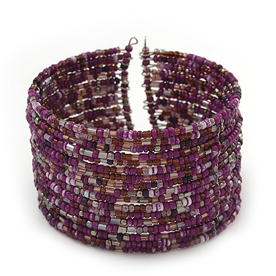 Boho Pastel Purple/Violet/Pink Glass Bead Cuff Bracelet - Adjustable (To All Sizes) - main view