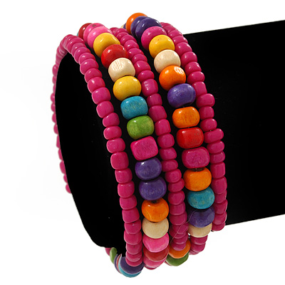 Teen's Magenta Glass/ Multicoloured Wood Bead Multistrand Flex Bracelet - Adjustable - main view
