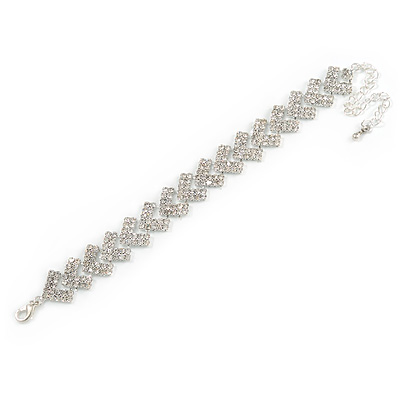 Statement Clear Crystal Zig Zag Bracelet In Silver Tone Metal - 16cm L/ 8cm Ext - main view