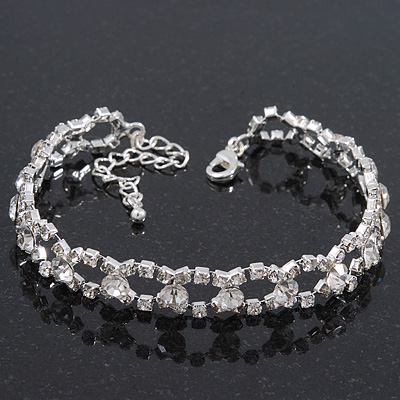 Classic Bridal Diamante Oval Link Bracelet In Rhodium Plated Metal - 17cm Length/ 5cm Extension - main view