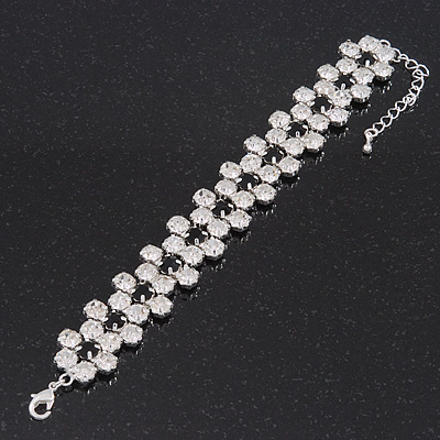 Black/Clear Swarovski Crystal Floral Bracelet In Rhodium Plating - 16cm Length/ 6cm Extension - main view