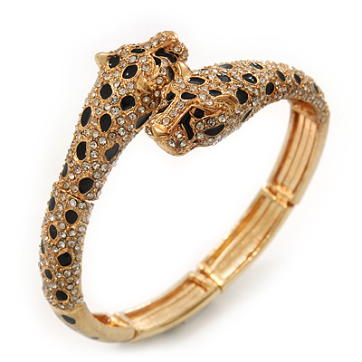 Gold Plated Swarovski Crystals 'Double Leopard' Flex Bangle Bracelet - Adjustable - main view