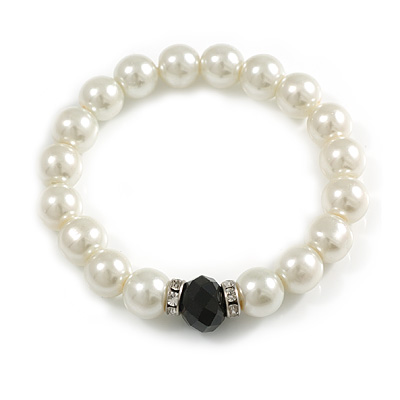 Classic Style Glass Pearl Stretch Bracelet with Black Faceted Acrylic Gem and Swarovski Crystal Detailing - 10mm diameter/ Up to 20cm Length - main view