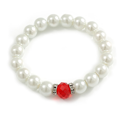 Classic Style Glass Pearl Stretch Bracelet with Red Faceted Acrylic Gem and Swarovski Crystal Detailing - 10mm diameter/ Up to 20cm Length - main view