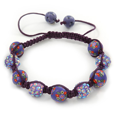 Purple Acrylic/Diamante Bead Children/Girls/ Petites Teen Buddhist Bracelet On Deep Purple String - Adjustable