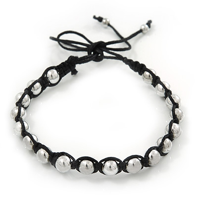 Plaited Black Cotton Cord With Silver Tone Bead Friendship Bracelet - Adjustable