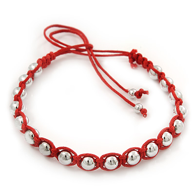 Plaited Red Cotton Cord With Silver Tone Bead Friendship Bracelet - Adjustable - main view