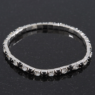 Slim Black/Clear Diamante Flex Bracelet In Silver Plating - 18cm Length - main view