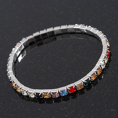 Slim Multicoloured Diamante Flex Bracelet In Silver Plating - 18cm Length - main view