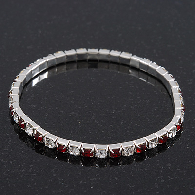 Slim Burgundy Red/Clear Diamante Flex Bracelet In Silver Plating - 18cm Length