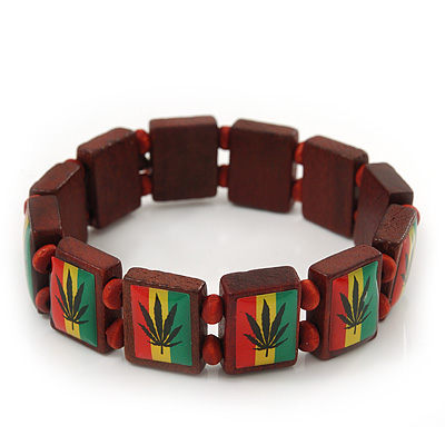 'Hemp Leaf' Brown Wood Bob Marley Style Stretch Bracelet