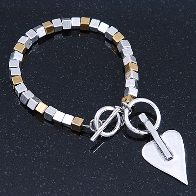 Two Tone Contemporary Heart Charm Bracelet With T-Bar Closure - 17cm Length