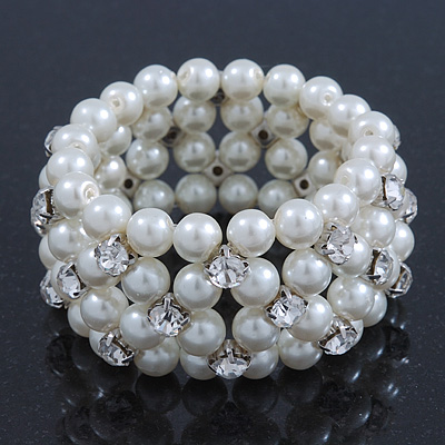 Prom Clear Diamante, White Simulated Pearl Flex Bracelet - 18cm Length - main view