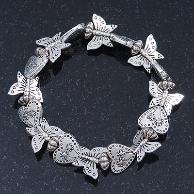 Vintage Butterfly & Heart Hammered Flex Bracelet In Silver Tone - up to 20cm Length - main view