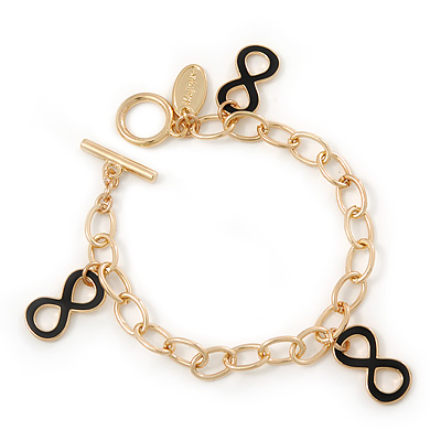 Gold Plated Black Enamel 'Infinity' Charm Bracelet With T-Bar Closure - 18cm Length