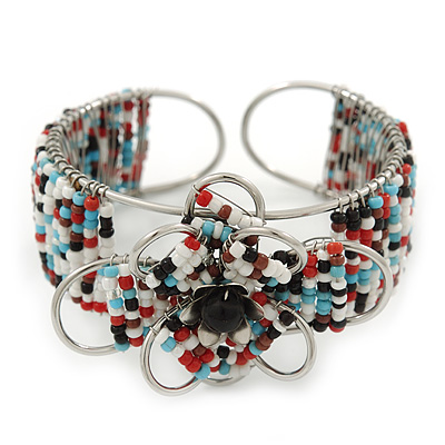 Fancy Glass Bead Floral Cuff Bracelet In Silver Tone - Adjustable - Multicoloured - main view