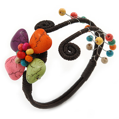 Multicoloured Polished Stone Flower Wire Flex Bracelet - Adjustable - main view