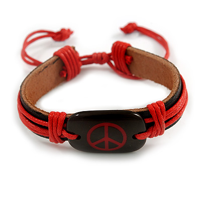 Unisex Dark Brown/ Red Leather 'Peace' Friendship Bracelet - Adjustable