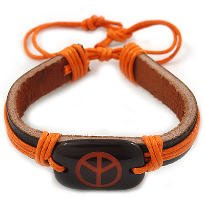 Unisex Dark Brown/ Orange Leather 'Peace' Friendship Bracelet - Adjustable - main view