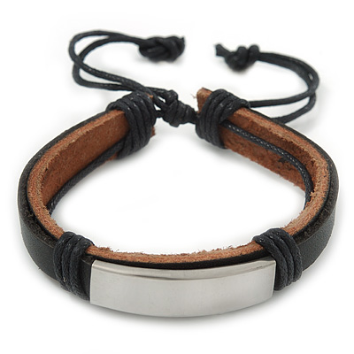 Unisex Black Leather Friendship Bracelet - Adjustable - main view