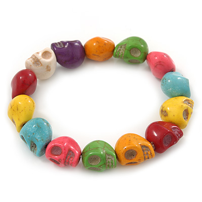 Multicoloured 'Skull' Stone Bead Flex Bracelet - 13mm - up 20cm Length - main view