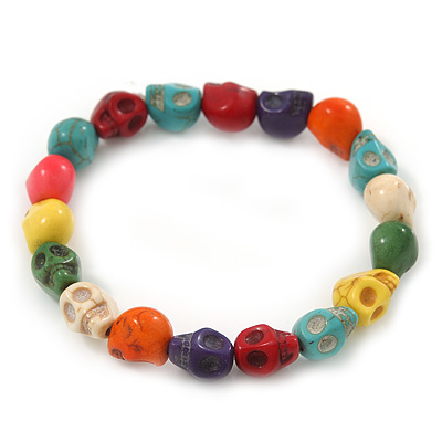 Multicoloured 'Skull' Stone Bead Flex Bracelet - 10mm - up 20cm Length - main view