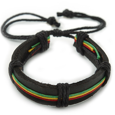 Unisex Red, Yellow, Green & Black Rasta Leather Bob Marley Style Bracelet - Adjustable - main view
