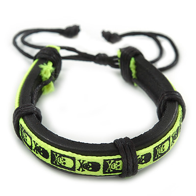 Unisex 'Skull & Crossbones' Neon Yellow Leather Friendship Bracelet - Ajustable - main view