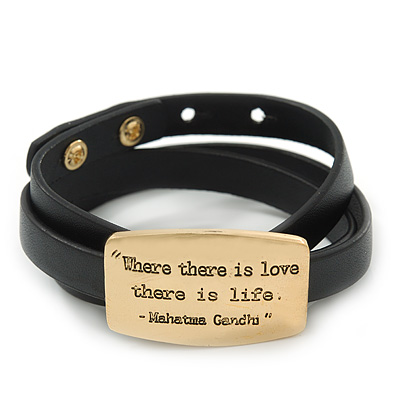 Black Leather Gandhi Quote Wrap Bracelet (Gold Tone) - Adjustable - One size fits all - main view
