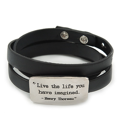 Black Leather 'Live the Life you have imagined' inscription by Henry Thoreau Wrap Bracelet (Silver Tone) - Adjustable - main view
