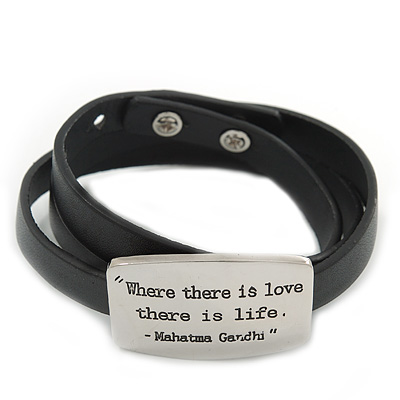 Black Leather Gandhi Quote Wrap Bracelet (Silver Tone) - Adjustable - One size fits all - main view