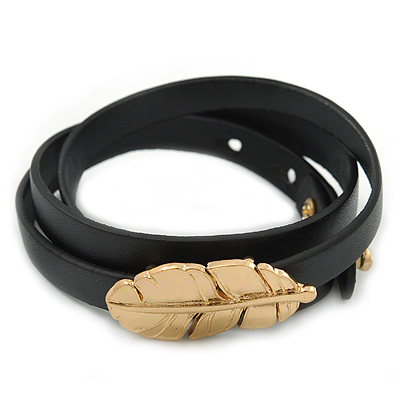 Black Leather Feather Wrap Bracelet (Gold Tone) - Adjustable - One size fits all - main view