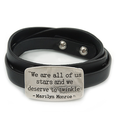 Black Leather 'We are all of us stars and we deserve to twinkle' Inscription by Marilyn Monroe Wrap Bracelet (Silver Tone) - Adjustable - main view
