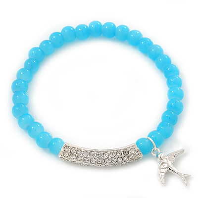 Light Blue Glass Bead Stretch Bracelet with Swarovski Crystal Detailing and Silver Swallow Charm - 5mm - Up to 20cm Length - main view