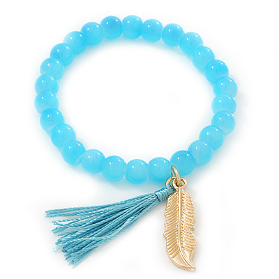 Light Blue Glass Bead Stretch Bracelet with Gold Plated Feather Charm & Silk Tassel - 6mm - Up to 20cm Length - main view