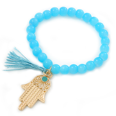 Light Blue Glass Bead Stretch Bracelet with Gold Plated Hamza Hand Charm & Silk Tassel - 6mm - Up to 20cm Length - main view