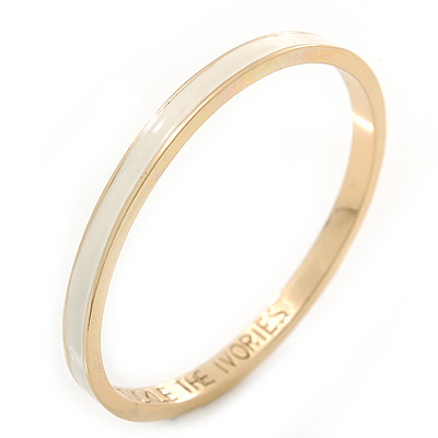 Thin Light Cream Enamel 'TICKLE THE IVORIES' Slip-On Bangle Bracelet In Gold Plating - 18cm Length - main view
