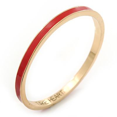 Thin Red Enamel 'TAKE HEART' Slip-On Bangle Bracelet In Gold Plating - 18cm Length - main view