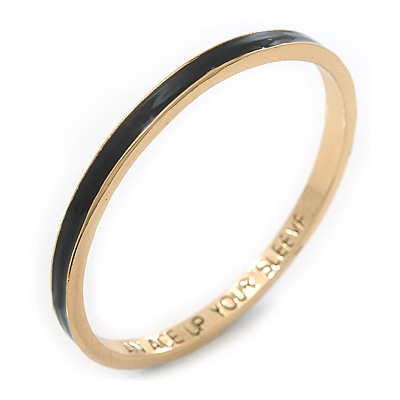 Thin Black Enamel 'AN ACE UP YOUR SLEEVE' Slip-On Bangle Bracelet In Gold Plating - 18cm Length - main view