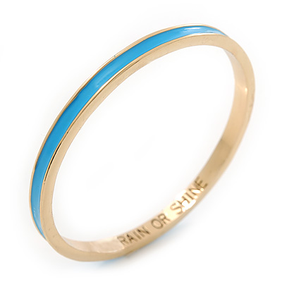 Thin Sky Blue Enamel 'RAIN OR SHINE' Slip-On Bangle Bracelet In Gold Plating - 18cm Length - main view